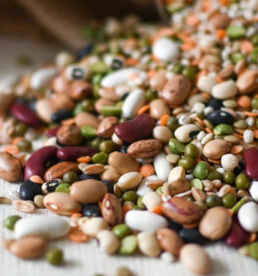 Mélange de graines, légumineuses et céréales en vrac sur un tissu naturel — image illustrant la diversité et la richesse des produits proposés en vrac dans notre épicerie bio.