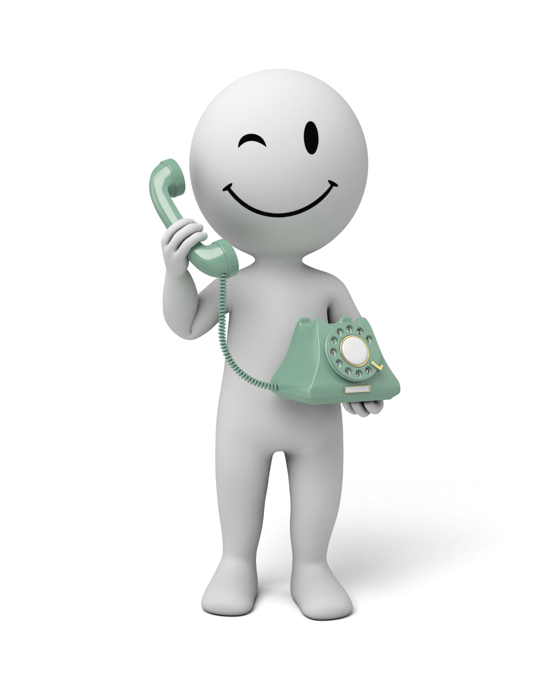 Personnage souriant tenant un téléphone vintage vert